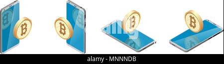 smartphone and bitcoin sign in circle. isometry, set. different view, position. Crypto currency. Stock Vector