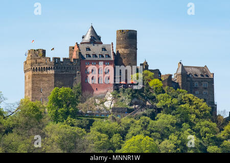 Located on the Rhine River near Oberwesel Germany, Schonburg Castle today serves as a luxury hotel. Stock Photo