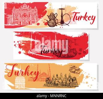Banners with hand drawn sketch style Turkey related objects. Isolated vector illustration. Stock Vector