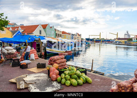 Colorful Buildings in Willemstad downtown, Curacao, Netherlands Antilles,  a small Caribbean island - travel destination for cruise ships or vacation Stock Photo