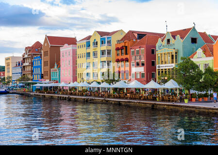 Colorful Buildings in Willemstad downtown, Curacao, Netherlands Antilles,  a small Caribbean island - travel destination for cruise ships or vacation Stock Photo