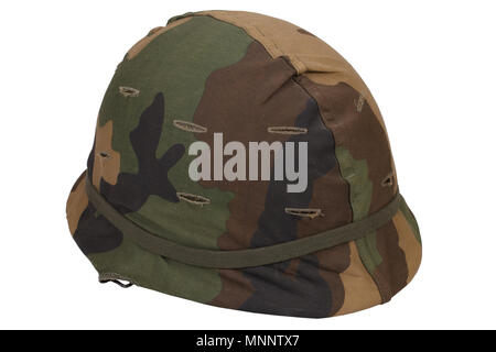 US Army helmet with woodland pattern camouflage cover isolated Stock Photo