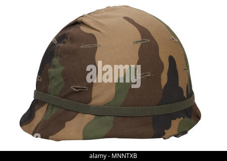 US Army helmet with woodland pattern camouflage cover isolated Stock Photo