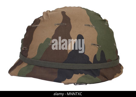 US Army helmet with woodland pattern camouflage cover isolated Stock Photo