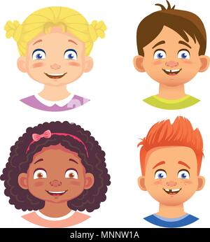 Set of girls and boy character. Children emotions. Facial expression. Set of emoticons. Flat vector illustration. Joy Stock Vector