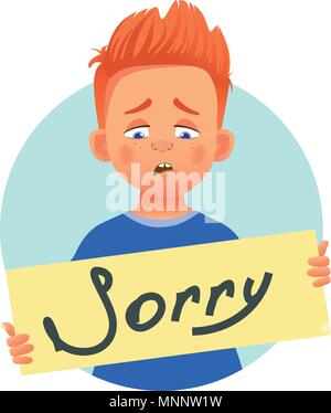 I am sorry message on white background. Sad boy holding poster with word Sorry. Conceptual handwritten message. Stock Vector