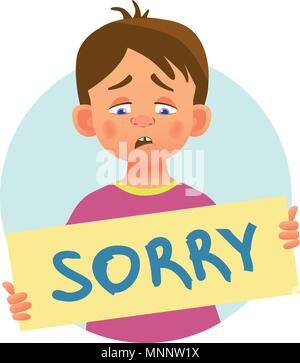 I am sorry message on white background. Sad boy holding poster with word Sorry. Conceptual handwritten message. Stock Vector