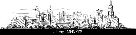 Vector Artistic Drawing Sketch of Generic City High Rise Cityscape Landscape with Skyscraper Buildings Stock Vector