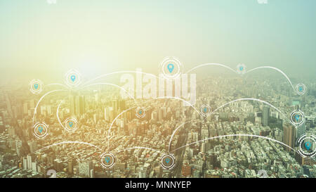 comprehensive social connection and internet around the city, mixed media Stock Photo