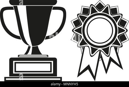 Black and white goblet and rosette award set. Stock Vector