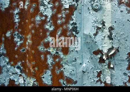 Grunge background of gray blue aluminum texture and rust, fence, wall Stock Photo