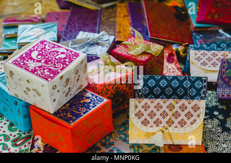 Colorful oriental gift boxes with ribbons Stock Photo
