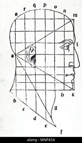 . English: Illustration of a human head with its proportions indicated by an equilateral triangle and grid lines. From Luca Pacioli's De Divina Proportione, 1509, page 70 . 1509. Luca Pacioli 952 Pacioli De Divina Proportione Head Equilateral Triangle 1509 Stock Photo