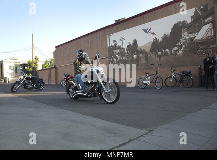 San Diego, CA, USA. 17th May, 2018. Ramona California celebrates cruise night on Thursday's in the warmer months on Main Street. The town of 20,000 plus is located in an inland valley geographically centered in San Diego County. Custom Harley-Davidson motorcycles rounded out the collection of wheeled vehicles. Credit: John Gastaldo/ZUMA Wire/Alamy Live News Stock Photo