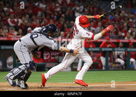 Anaheim, California, USA. May 18, 2018: Tampa Bay Rays catcher Wilson Ramos (40) tags out Los Angeles Angels shortstop Andrelton Simmons (2) after a dipped swinging third strike in the game between the Tampa Bay Rays and Los Angeles Angels of Anaheim, Angel Stadium in Anaheim, CA, Photographer: Peter Joneleit Credit: Cal Sport Media/Alamy Live News Stock Photo