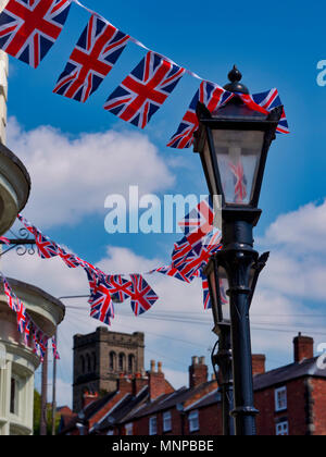 Ashbourne, Derbyshire, UK, 19 May 2018. A typical scene in an English town with Royal Union Jack Flags flying on the day of the Royal wedding in Ashbourne, Derbyshire the gateway to the Peak District National Park Credit: Doug Blane/Alamy Live News Stock Photo