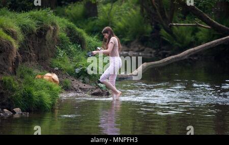 New Mills  Derbyshire  UK  19th  May 2018  A girl and her dog walk across the River Sett to cool off. Credit: John Fryer/Alamy Live News