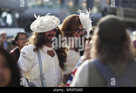 London, England, UK. 19th May, 2018. Royal wedding well wishers at Waterloo station on their way to Windsor.The marriage of Prince Harry and Ms Meghan Markle takes place in Windsor on Saturday 19 May 2018. As many as 100,000 people are expected to descend on Windsor for the day. Credit: Veronika Lukasova/ZUMA Wire/Alamy Live News Stock Photo