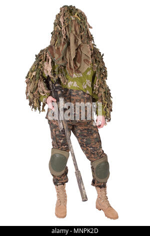 Camouflaged woman sniper in ghillie suit posing with rifle in foggy night.  Special Weapons and Woman Concept Stock Photo - Alamy