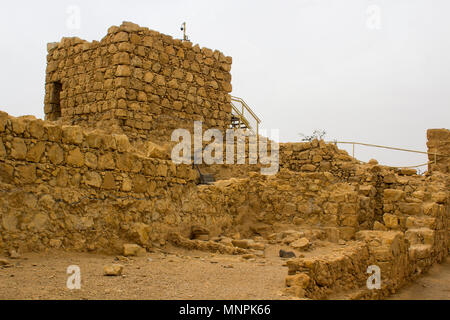 Some of the reconstructed ruins of the ancient Jewish clifftop fortress of Masada in Southern Israel.  This was the scene of an historic mass suicide. Stock Photo