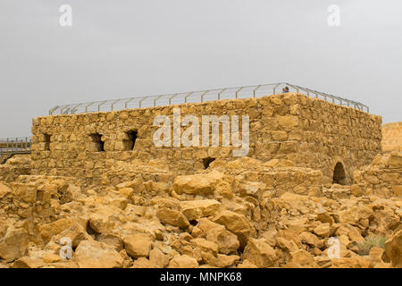 Some of the reconstructed ruins of the ancient Jewish clifftop fortress of Masada in Southern Israel.  This was the scene of an historic mass suicide. Stock Photo