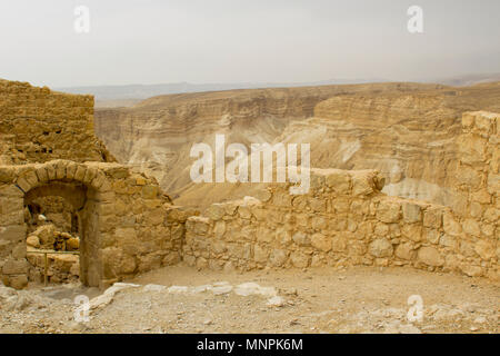 Some of the reconstructed ruins of the ancient Jewish clifftop fortress of Masada in Southern Israel.  This was the scene of an historic mass suicide. Stock Photo