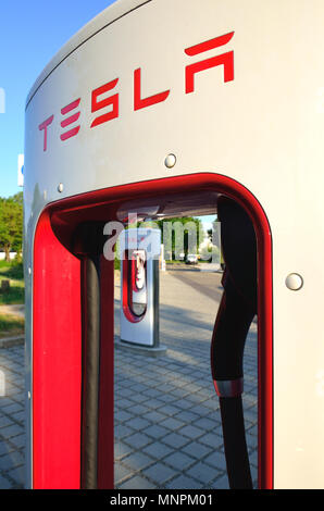 Ellwangen, Germany - May 10, 2018: Tesla Supercharger Stations (480-volt DC fast-charging stations) in Ellwangen. Stock Photo
