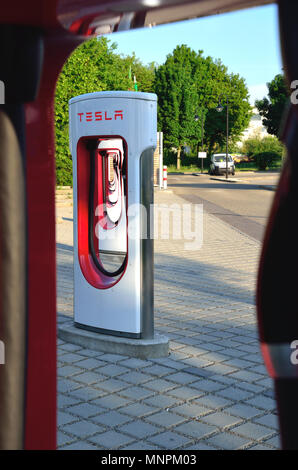 Ellwangen, Germany - May 10, 2018: Tesla Supercharger Stations (480-volt DC fast-charging stations) in Ellwangen. Stock Photo