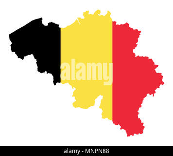 Flag of the kingdom of Belgium in country silhouette. Landmass as outline, within the banner of the nation. Vertical tricolour. Black, yellow and red Stock Photo