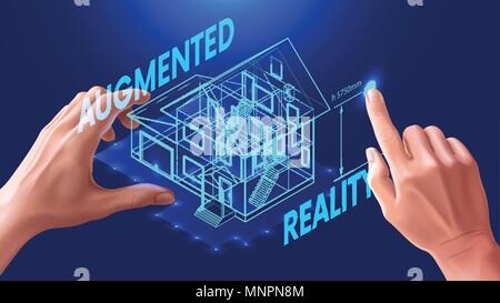 3D house plan. The engineer uses the virtual interface for augmented reality in the architectural design of the house. Virtual interactive interface c Stock Vector