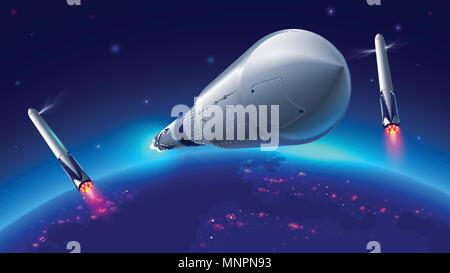 heavy reusable launch rockets into space. Heavy rocket separation stages. Reusable stage rocket return to earth. The spaceship comes on to the earth's Stock Vector