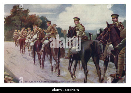 Old French postcard: A column of English cavalry on horseback moving along the road. world war I 1914-1918, The great Britain, Entente. Stock Photo