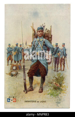 Old postcard: French soldier of the line infantry in full combat layout, with a knapsack and a rifle. With a cartridge bag on his belt, wwi, France Stock Photo