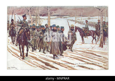 Old French postcard: Russian cavalrymen lead a column of prisoners of Austro-Hungarian soldiers after the capture fortress Przemysl, March 21 1915 Stock Photo