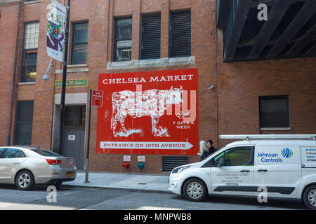 Manhattan, New York City - May 10, 2018 : Signboard of NYC Landmark Chelsea Market. Built in the former National Biscuit Company factory, Chelsea Mark Stock Photo