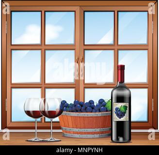 Red wine in glasses with a barrell of grapes background illustration Stock Vector