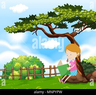 A Girl Reading a Book Under Tree illustration Stock Vector