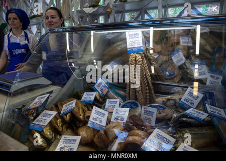 Counter with delicacy fish during the Moscow festival 'Fish Week' on Tverskaya Square in the center of Moscow, Russia Stock Photo