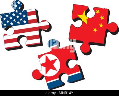 USA, China and North Korea as jig saw puzzle pieces with flags of the United States of America, China and North Korea on white background Stock Vector