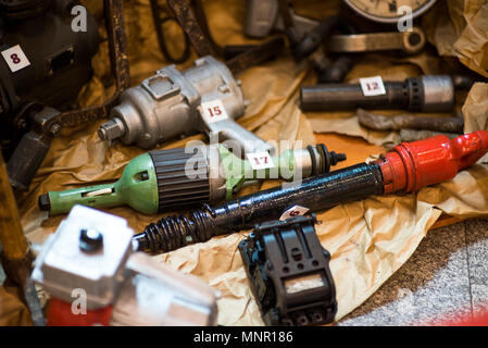 Building and treatment tools set on a wooden table, old, vintage building tools. Stock Photo