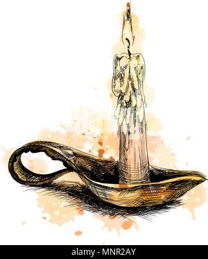 Burning candle in bronze candlestick Stock Vector