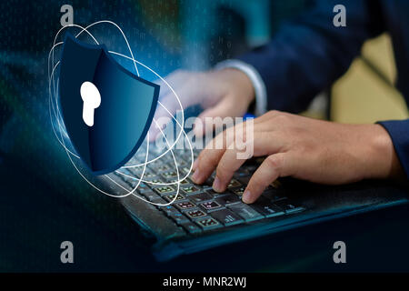 Press enter button on the keyboard computer Shield cyber Key lock security system abstract technology world digital link cyber security on hi tech Dar Stock Photo