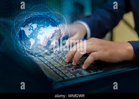 Press enter button on the computer. business logistics Communication network World map send message Connect worldwide hand keyboard Communications net Stock Photo