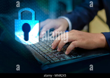 Press enter button on the computer. Key lock security system abstract technology world digital link cyber security on hi tech Dark blue background, En Stock Photo