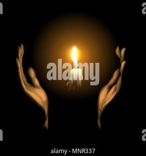 hands holding a burning candle in dark Stock Vector