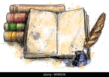 Stack of books, open book and quill pen Stock Vector