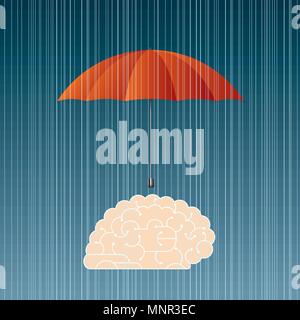 Big creative design concept, brain protected by umbrella. Stock Vector