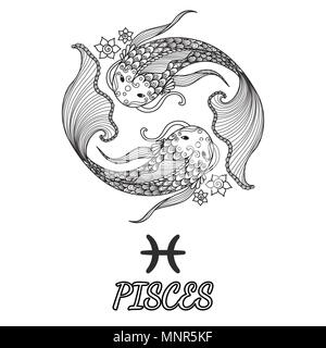 Line art design of pisces zodiac sign for design element and adult coloring book page. Vector illustration Stock Vector