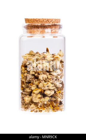 Orange mullein Verbasci flos in a bottle with cork stopper for Stock Photo