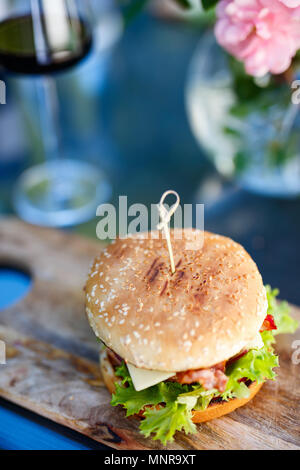 Close up of delicious fresh burger with cheese and bacon Stock Photo